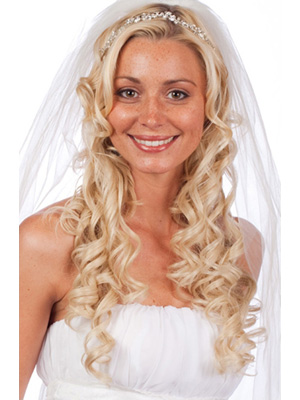 bridal hairstyle curly down do with tiara and veil