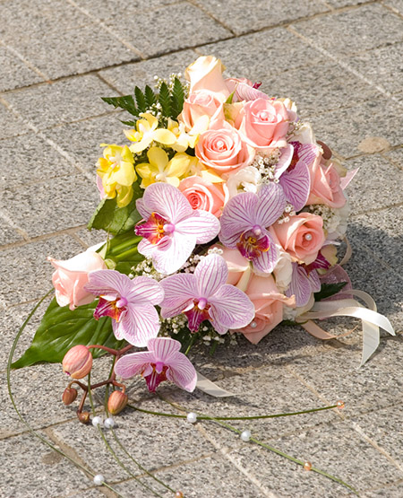 Pink phalaenopsis orchid trailing bridal bouquet