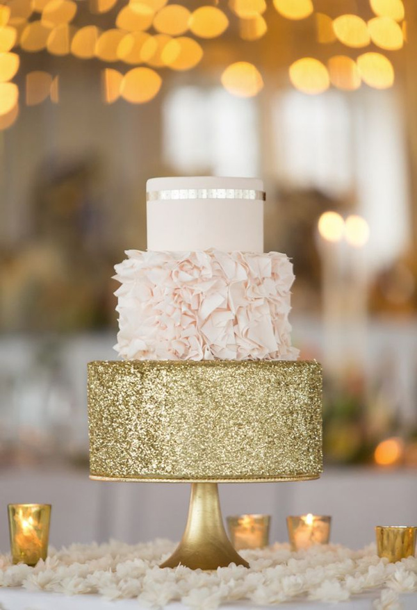 Sparkly Gold and Ruffled Wedding Cake